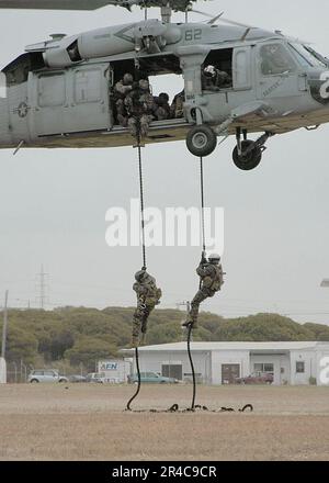 MARINES DE la Marine AMÉRICAINE assignées à 1st équipe de lutte contre le terrorisme de la flotte, 5th peloton, corde rapide de la Marine corps Security Force Europe d'un hélicoptère MH-60s Seahawk affecté à l'escadron de combat de la mer des Chargers of Helicopter. Banque D'Images