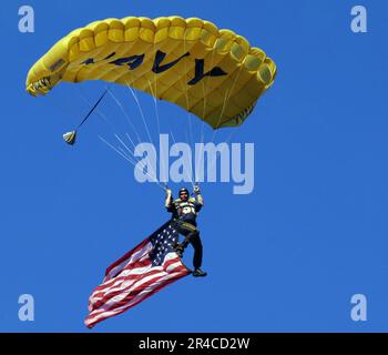 US NAVY A U.S. Un membre de l'équipe de parachutisme Navy Leap Frogs descend au stade Qualcomm dans le cadre des cérémonies d'ouverture de la Journée d'appréciation militaire des Chargers de San Diego. Banque D'Images