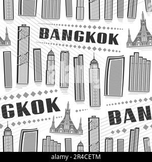 Vector Bangkok Seamless Pattern, répétition de l'arrière-plan avec illustration du célèbre paysage de la ville de bangkok sur fond blanc pour papier d'emballage, monochrome Illustration de Vecteur