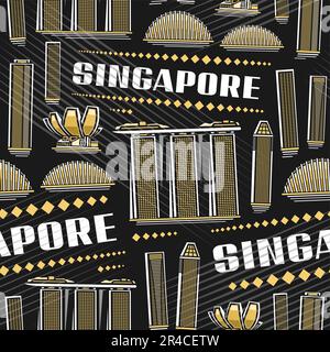 Vector Singapore Seamless Pattern, répéter l'arrière-plan avec l'illustration du célèbre paysage de la ville de singapour sur fond sombre pour papier d'emballage, decorativ Illustration de Vecteur