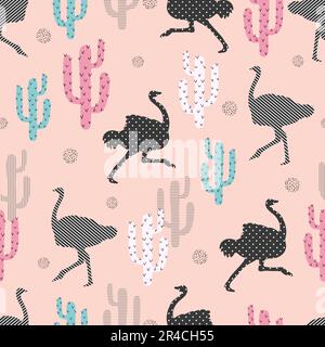 Motif sans couture avec autruche et cactus. Fond vectoriel tendance. Illustration de Vecteur