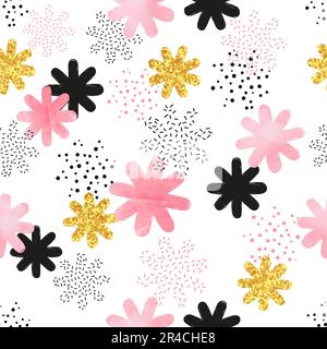Motif sans couture avec fleurs roses, noires et dorées. Arrière-plan abstrait floral vectoriel. Illustration de Vecteur