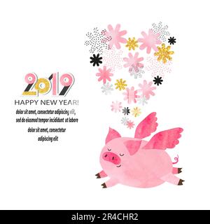 Carte de vœux du nouvel an 2019. Cochon volant aquarelle mignon. Illustration vectorielle. Illustration de Vecteur