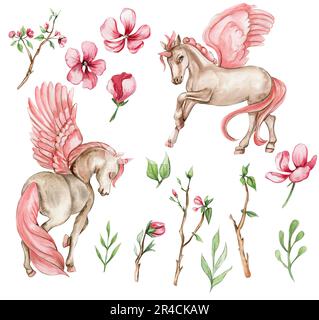 Belle licorne blanche, mignonne, avec ailes roses et ensemble de fleurs roses. Pour la crèche, la douche de bébé, l'invitation pour la fête d'anniversaire. Illustration aquarelle Banque D'Images