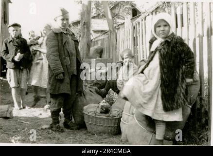 SS photographe Willi Altstadt, Division Wiking, Russie 1942. Scènes de village de la région de Rostov, un Panzer III (avec des symboles unitaires) et des grenadiers de panzer sur la steppe, scènes de combat le long d'une rivière, gros plans d'infanterie sur le terrain avec des armes individuelles et servies par équipage, traversée de rivière (radeaux d'assaut et de ponton), construction d'un bloc routier, prisonniers de guerre russes, SS-soldats pêche et natation, cérémonie de remise des prix de l'unité, poste d'observation surplombant une rivière, et équipage d'artillerie lourde avec obusier. Images illustrant les activités de première ligne des unités Waffen-SS sur les fronts occidental et oriental, i Banque D'Images