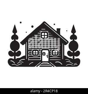 Chalet en bois dans l'illustration vectorielle de style scandi Linocut. Chalet alpin dans le village de vacances de campagne dessin animé. Illustration de Vecteur