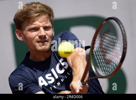 Paris, France. 27th mai 2023. David Goffin belge photographié lors d'une session de formation au tournoi de tennis Roland Garros, à Paris, France, le samedi 27 mai 2023. Le tournoi de cette année a lieu du 22 mai au 12 juin. BELGA PHOTO BENOIT DOPPAGNE crédit: Belga News Agency/Alay Live News Banque D'Images