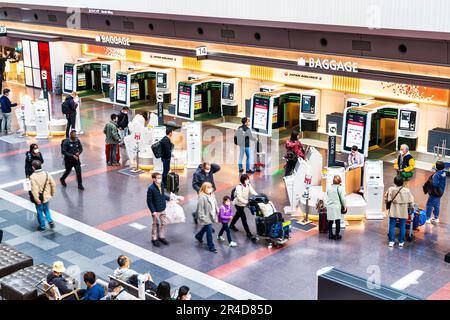 Vue aérienne des personnes utilisant les machines d'enregistrement de bagages en libre-service de la zone Japan Airlines du terminal 1 de l'aéroport Haneda de Tokyo. Banque D'Images