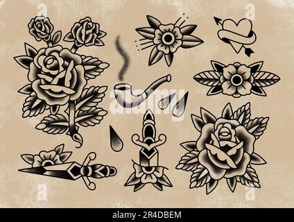 Old School traditionnel tatouage flash feuilles dessins noir et