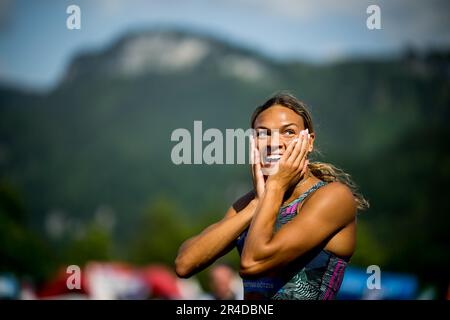 Gotzis, Autriche. 27th mai 2023. US Anna Hall réagit surpris après l'événement de 200m, lors de l'épreuve d'heptathlon féminin le premier jour de la Hypo-Meeting, IAAF World Combined Events Challenge, dans le stade de Mosle à Gotzis, Autriche, samedi 27 mai 2023. BELGA PHOTO JASPER JACOBS crédit: Belga News Agency/Alay Live News Banque D'Images