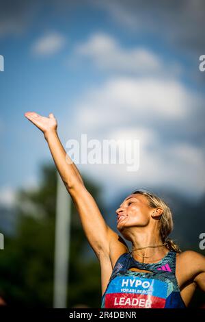 Gotzis, Autriche. 27th mai 2023. US Anna Hall réagit surpris après l'événement de 200m, lors de l'épreuve d'heptathlon féminin le premier jour de la Hypo-Meeting, IAAF World Combined Events Challenge, dans le stade de Mosle à Gotzis, Autriche, samedi 27 mai 2023. BELGA PHOTO JASPER JACOBS crédit: Belga News Agency/Alay Live News Banque D'Images