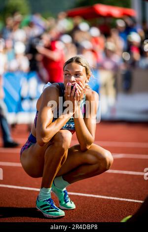 Gotzis, Autriche. 27th mai 2023. US Anna Hall réagit surpris après l'événement de 200m, lors de l'épreuve d'heptathlon féminin le premier jour de la Hypo-Meeting, IAAF World Combined Events Challenge, dans le stade de Mosle à Gotzis, Autriche, samedi 27 mai 2023. BELGA PHOTO JASPER JACOBS crédit: Belga News Agency/Alay Live News Banque D'Images