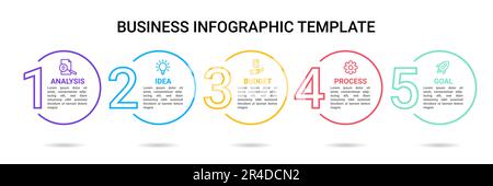 Infographe commercial. 5 étapes. Processus de travail. Nombres dans les icônes de ligne graphique circulaire. Diagramme de flux. Tableau d'informations sur la stratégie de workflow. Infogr. Du flux de la ligne de temps Illustration de Vecteur