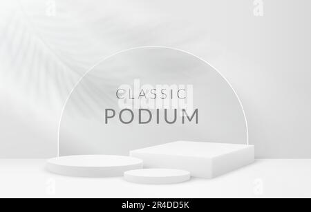 Podium blanc, plateforme de produits, 3D supports carrés et ronds. Socle, écran ou scène de studio minimal pour la présentation du produit, scène vierge avec shado Illustration de Vecteur