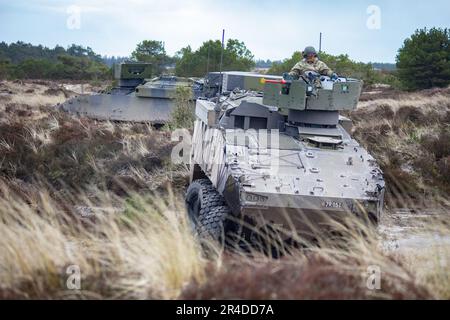 Les soldats danois affectés au bataillon d'artillerie 1st effectuent des opérations de tir en direct à l'aide d'un Piranha V avec le CARDOM 10 (système de mortier de récupération 120mm) pendant l'exercice Dynamic Front 23 à Oksbol, Danemark, 28 mars 2023. L'exercice Dynamic Front 23 est un L'armée européenne et l'Afrique dirigée, 56th le commandement de l'Artillerie dirigé, exercice multinational conçu pour améliorer la capacité des pays alliés et partenaires d'exécuter des feux multi-échelon, et de tester l'interopérabilité des systèmes de feux tactiques et de théâtre dans un environnement vivant. Banque D'Images