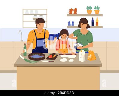 Cuisine familiale dans la cuisine. Les parents et leur fille préparent le repas du soir ensemble. La mère fait de la pâte. Père friture du poisson dans une poêle. Fille coupe ve Illustration de Vecteur