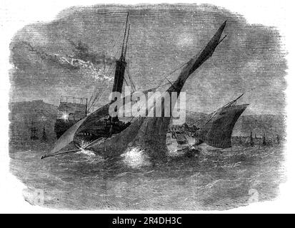 La descente du yacht "Alma" de Lord Alfred Paget au large de Douvres, 1856. Collision en mer. « Lord Alfred Paget décrit la perte de son yacht, et la fuite étroite de la noyade de sa seigneurie et de son équipage... J'ai vu un bateau à vapeur faire droit pour nous à pleine vitesse. En quelques minutes environ, elle nous a heurtés dans l'arc de tribord, ce qui a fait que le yacht s'enroulait presque sous l'eau... si le regard n'avait pas été conservé à bord du cuiseur vapeur, sur une si belle et calme une nuit, Un navire peut facilement avoir été vu à trois milles de distance... mais je suis désolé de dire que dans trop de cas ces navires, allant au rythme de Banque D'Images