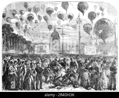 L'Ascent des ballons de l'Esplanade des Invalides, 1856. Paris célèbre la naissance du prince Louis Napoléon, héritier du trône français. « Parmi les animations prévues pour les classes de travail à la fête le dimanche, le vol de ballons de démonstration de bons a permis de se divertir. Trois cents ballons ont été lâché dans l'Esplanade au cours de l'après-midi, et à environ cinq un grand ballon a été envoyé, d'où des sacs de bons ont été jetés parmi la foule. Tout s'est passé avec beaucoup de bonne humeur, et les gens ont semblé enchantés avec les divertissements fournis f Banque D'Images