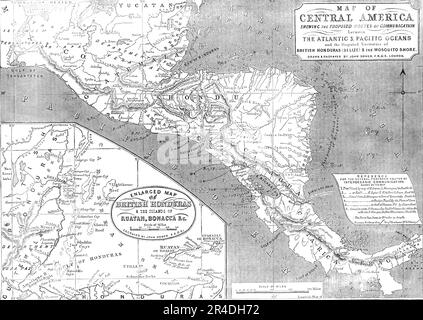 Carte de l'Amérique centrale présentant les voies de communication proposées entre l'Atlantique et l'AMP; Pacific Oceans, 1856. «...et les territoires disputés du Honduras britannique (Belize) & amp; The Mosquito Shore [with] Enlarted Map of British Honduras & amp; The Islands of Ruatan, Bonacca & amp;c...référence pour les plusieurs itinéraires proposés de la communiciation interocéanique : Canal proposé par voie de R. Sapoa...vers l'océan Pacifique...chemin de fer [via] R. Lajas...vers Port S. Juan...Canal de L. Managua vers Port de Tamarinda...[Canal de L. Managua] vers Realejo...par la plaine de Leon...[Canal de L. Managua] vers le golfe o Banque D'Images