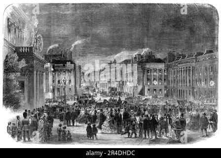 Illuminations de la paix - Waterloo-place, 1856. Les célébrations de Londres pour marquer la fin de la guerre de Crimée. « Il était nécessaire que les gens partagent, ou semblent partager, la joie ressentie par l'esprit officiel que la diplomatie avait mis fin à cette guerre très gênante et très troublante dans laquelle la Grande-Bretagne entait des dépenses aussi importantes, Et le remaping de ces petits satisfaction...it a été résolu pour célébrer l'anniversaire heureux de la Reine et le Traité de paix mal-à-coup le même soir... les illuminations qui sont coutumières pour exprimer l'amour et le respect du peuple pour le Banque D'Images