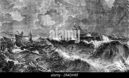 "Le paysage marin" - peint par A. Clint - de l'exposition de l'institution nationale, 1856. Gravure d'un tableau, '...intitulé par son artiste "Storm - bateaux de pêche courant dans le port". M. Clint a établi son chevalet au cours de la dernière année dans le nord du Devon, dans le nord du pays de Galles, et dans le sud de l'Irlande... le prix de "The Storm" est &#xa3;80'. De "Illustrated London News", 1856. Banque D'Images