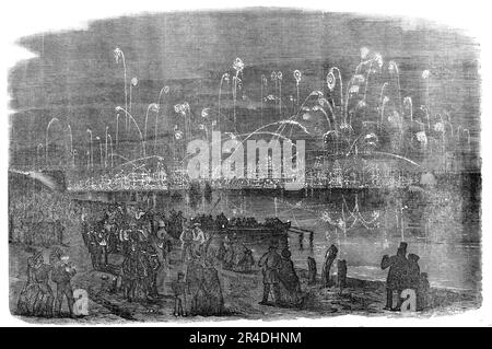 The Naval Review: Illumination of the Fleet - dessiné par R. Leitch, 1856. '...des milliers qui avaient porté le froid et la langue du jour avaient left...before les navires ont fait cette grande et brillante démonstration. Ceci a été effectué en allumant simultanément les verges et les hublots avec des lumières bleues. À neuf heures, le feu de canon, toute la flotte à l'ancre éclate dans la lumière comme par magie; les jets l'un au-dessus de l'autre, le mât de maintenance élevé en altitude, et les ports de chacun ouvert à la fois, montrant un éclat de reflets entre les ponts, a causé un rugissement inhabituel de acclamer de la rive, qui a été repris et remis avec intérêt Banque D'Images