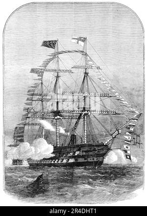 The Grand Naval Review, à Spithead: Mise en route, et dotation des yards, 1856. Navires de la Royal Navy prenant part à une exposition au large de la côte du Hampshire - marins 'anning the yards' (debout sur les spars attachés aux mâts). Cette manœuvre a été utilisée à l'origine pour montrer toute l'équipage aux autorités portuaires et aux autres navires présents, pour montrer que les canons du navire n'étaient pas habités et que ses intentions étaient donc pacifiques. « Les navires étaient toujours tels qu'ils étaient restés quelques jours précédents : les plus grands hommes de guerre formant cette double colonne imposante... le tout habillé dans les lignes o Banque D'Images