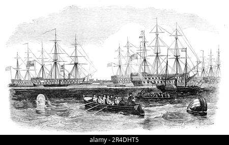 The Grand Naval Review, à Spithead: The Fleet from the South - dessiné par J. W. Carmichael, 1856. Navires de la Royal Navy participant à une exposition au large de la côte du Hampshire. '... la flotte ancrée dans une ligne majestueuse, avec le duc de Wellington à sa tête, portant l'enseigne de l'amiral'. De "Illustrated London News", 1856. Banque D'Images