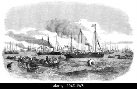 The Grand Naval Review, à Spithead: Liberty-Men Going On Shore - dessiné par J. W. Carmichael, 1856. Navires de la Royal Navy participant à une exposition au large de la côte du Hampshire. '...l'entrée du port était barrée de bateaux, dont certains, remplis de joyeux, de visages barbus, transportaient des hommes de liberté des navires de guerre à la rive; D'autres ont été surpeuplés et chargés de déjouer avec des spectateurs curieux désireux d'obtenir une vue de l'eau... des instructions ont également été émises par l'Amirauté pour que les passagers-vapeur utilisent le charbon anthracite, afin d'empêcher l'atmosphère être Banque D'Images