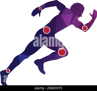 Homme actif, silhouette de running, symboles de douleur articulaire, logo/icône. Modèle de conception de traitement de physiothérapie vecteur avec les gens courir. Santé vectorielle colorée. Illustration de Vecteur