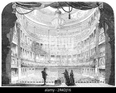 L'Opéra Royal Italien, Lyceum, 1856. Production à l'étape de Londres. "L'opéra était le "Trovatore"... la tzigane Azucena, véritable héroïne de la pièce, a été personnifié par Mdlle. Didiee... de la part de Leonora, Madame Jenny Ney a même approfondi l'impression qu'elle avait faite l'année dernière... depuis que M. Gye a obtenu l'occupation du théâtre Lyceum, il a fait des merveilles dans sa rénovation. Tout l'aspect de son intérieur a été modifié... l'ensemble de l'avant des boîtes a subi une régénération et une peinture complètes... toutes les boîtes d'origine ont été divisées en trois par une partie mince Banque D'Images