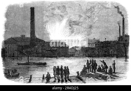 Le feu à la gare de Vauxhall, vue de Millbank, 1856. « Au moment où les bouchons des conduites principales des compagnies Lambeth, Vauxhall et Southwark ont été tirés, un approvisionnement en eau suffisant a été obtenu pour mettre en service les moteurs des candeworks de Price, et de la distillerie de MM. Burnett et Hodges, ainsi que le bureau de l'Ouest de l'Angleterre, Et beaucoup de la Brigade de Londres. La station, cependant, debout sur le dessus de la ligne, et étant construit de bois, et le vent soufflant rigidement au large de la Tamise, la conflagration continua de s'étendre, et en longueur attaqua les maisons sur le côté sud o Banque D'Images