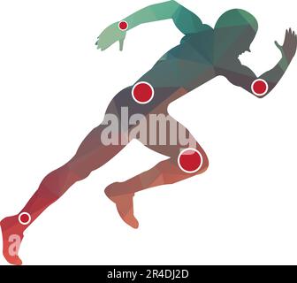 Homme actif, silhouette de running, symboles de douleur articulaire, logo/icône. Modèle de conception de traitement de physiothérapie vecteur avec les gens courir. Santé vectorielle colorée. Illustration de Vecteur