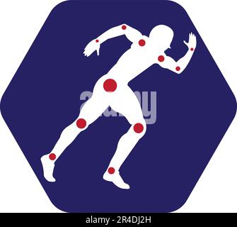 Homme actif, silhouette de running, symboles de douleur articulaire, logo/icône. Modèle de conception de traitement de physiothérapie vecteur avec les gens courir. Santé vectorielle colorée. Illustration de Vecteur