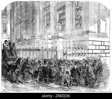 Lire les nouvelles de la paix, à la Maison-Hôtel, 1856. Fin de la guerre de Crimée annoncée par le Maire de Londres: "... une expédition a été reçue ce matin du comte de Clarenden, le premier secrétaire d'État aux Affaires étrangères de sa Majesté, en date de Paris, le 30th, annonçant qu'un traité définitif pour le rétablissement de la paix, Et pour le maintien de l'intégrité et de l'indépendance de l'Empire ottoman, a été signé hier à Paris par les plénipotentiaires de sa Majesté, de l'Empereur des Français, du Roi de Sardaigne, du Sultan, et aussi de l'Emper Banque D'Images