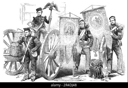 Héros et trophées de Crimée, à Woolwich - d'après une photographie de J. Cundall et R. Howlett, 1856. '...Company le Sergent Christy (assis) et le Sergent Samuel McGifford, tous deux du Bataillon 4th, ont servi tout au long du siège de Sebastopol, et... heureusement s'est échappé sans blessure. Les photos, qu'ils ont converties en bannières, ont été prises par ces valeurs d'une des églises de Sebastopol, où ils ont décoré le mur. Une photo est de St. Michael, l'autre de St. George et le Dragon. Ils sont peints dans un style complètement byzantin, et en partie sont illuminés d'or... le lad Banque D'Images