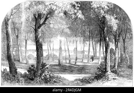 "Tombe du hameau", Elsinore, [Danemark], 1856. 'Une courte distance au nord-ouest d'Elsineur est le petit château royal de Marienlist. Le parc de loisirs derrière le château est ouvert au public. Ils occupent le site d'une ancienne fortification sur la crête de la colline. Rien ne peut être plus beau que la vue d'où, comme vu sous l'ombre luxuriante des beaux arbres... la tombe de Hamlet est marquée par un seul obélisque de pierre, évidemment très tôt; Il est entouré de tables et de chaises, où les citoyens de Copenhague consomment de la bière et du café, et défile avec leurs prises de pression le sepul Banque D'Images