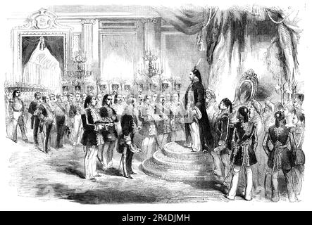 Présentation du Grand cordon de la Légion d'honneur au Sultan, à Constantinople, 1856. Monsieur '...Thouvenel est allé en grand état de l'Ambassade de France au Palais de Tcheragan, pour présenter à sa Majesté l'insigne de la Grande Croix de la Légion d'honneur, et une lettre autographe de l'Empereur Napoléon. Dans son discours au Sultan, M. Thouvenel a fait allusion aux sentiments de haute estime et d'attachement sincère que l'empereur Napoléon entretient pour le Sultan; et a conclu en disant que ces insignes étaient un nouvel engagement de l'alliance mémorable entre la Turquie et les Wes Banque D'Images