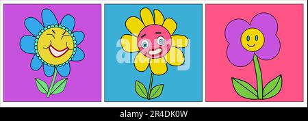 ensemble d'affiches rétro de fleurs avec sourires Illustration de Vecteur