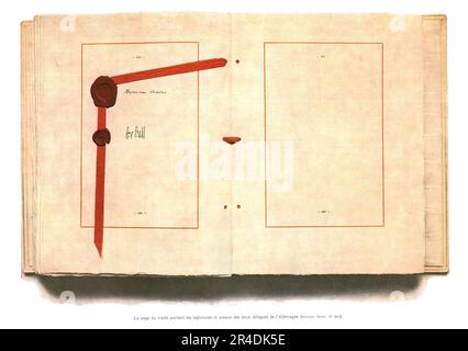 'La signature du traverse de paix a Versailles; la page du traverse portant les signatures et les auxiliaires des deux langues de l'allemagne',1919. De "l'Album de la guerre 1914-1919, Volume 2" [l'Illustration, Paris, 1924] Banque D'Images