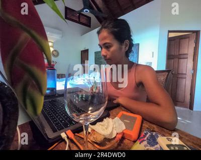 Travailler dans un complexe de luxe, lac Peten Itza, El Remate, Petén, Guatemala Banque D'Images