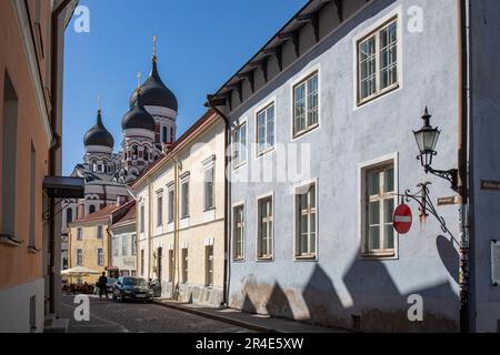 Étroite rue Piiskopi avec des dômes d'oignon de la cathédrale Alexandre Nevsky en arrière-plan dans la colline de Toompea, Vanalinn ou la vieille ville de Tallinn, Estonie Banque D'Images