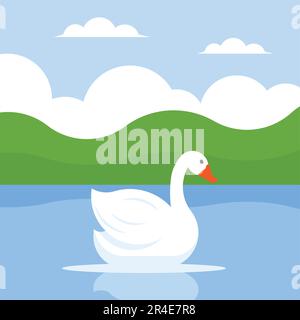 Cygne blanc nageant dans le lac. Illustration vectorielle de style plat Illustration de Vecteur