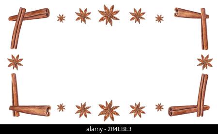 Cadre rectangulaire aquarelle de cinnamons, anis étoilé sur blanc. Noël et le nouvel an sont des illustrations dessinées à la main d'épices brunes pour les voeux, les cartes Banque D'Images