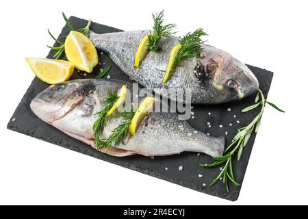 Poisson frais dorado et ingrédients pour la cuisine. Poisson gouté cru de la dorade de mer avec des épices et des herbes sur ardoise noire isolée Banque D'Images