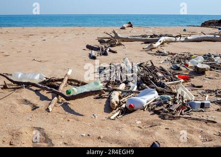 plage de déchets. Des bâtons, des branches et des bouteilles en plastique se trouvent sur le sable de la mer. Banque D'Images