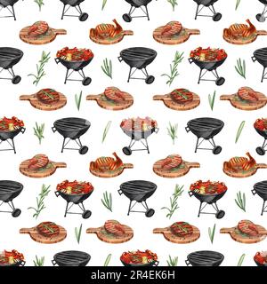 Barbecue à motif aquarelle sans couture. Éléments pour cuisiner un barbecue - grill, poulet et viande. Illustration dessinée à la main isolée sur fond blanc Banque D'Images