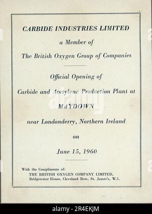 Ouverture officielle de l'usine de production de carbide et d'acétylène à Maydown, près de Londonderry, en Irlande du Nord, sur 15 juin 1960. Carbide Industries Limited faisait partie du British Oxygen Group of Companies. Banque D'Images