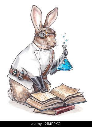 Lapin scientifique stéampunk. Aquarelle dessin à la main d'un alchimiste de lièvre mignon avec un livre et un tube à essai. Clipart pour cartes postales et autocollants Banque D'Images