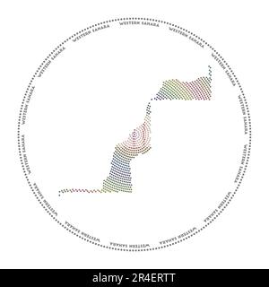 Logo rond Sahara Occidental. Forme de style numérique du Sahara Occidental en cercle pointillé avec le nom du pays. Icône Tech du pays avec des points dégradés. Illustration de Vecteur